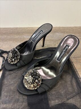 Beverly Feldman Bravado Embellished Satin Mule Heels Black Crystal Size 8.5